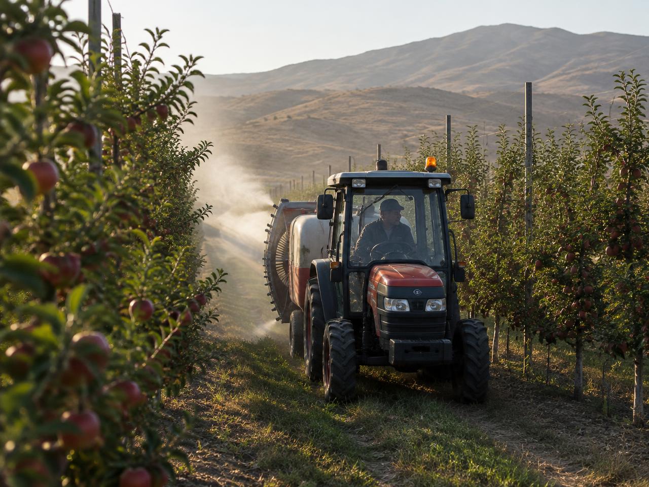 A tractor-drawn sprayer working between orchard rows
